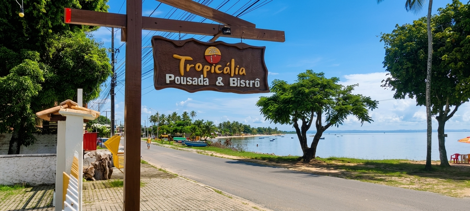 Entrada principal da Pousada Tropicália na Orla da Praia de Ponta de Areia - Itaparica-BA